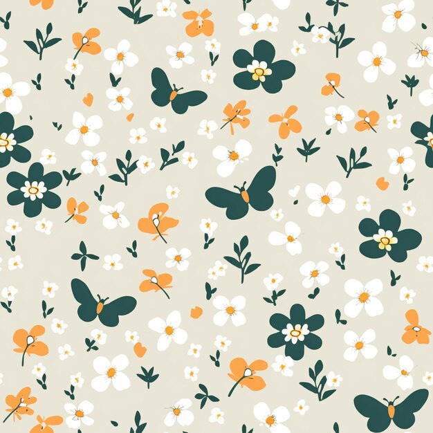 There is a pattern of small flowers and butterflies on a gray background generative ai