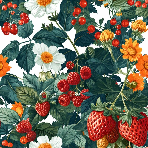there is a pattern of strawberries and flowers on a white background generative ai