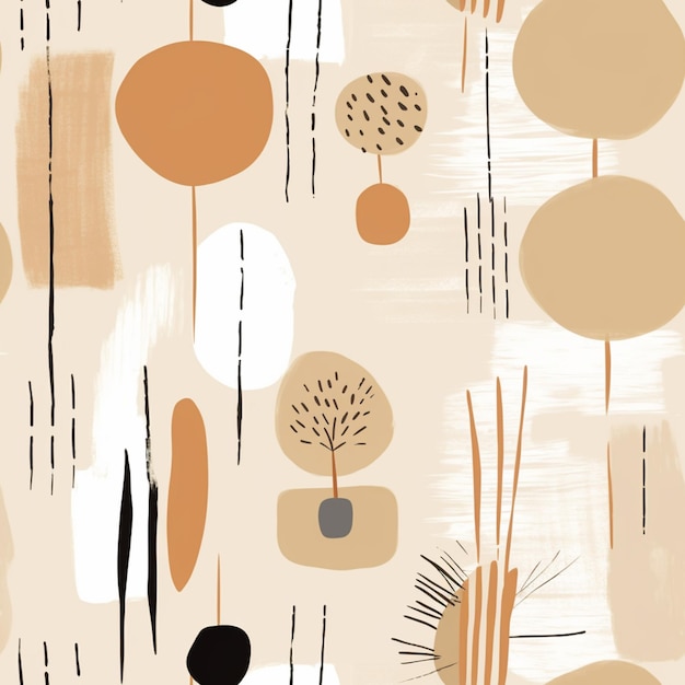 there is a pattern of trees and plants on a beige background generative ai