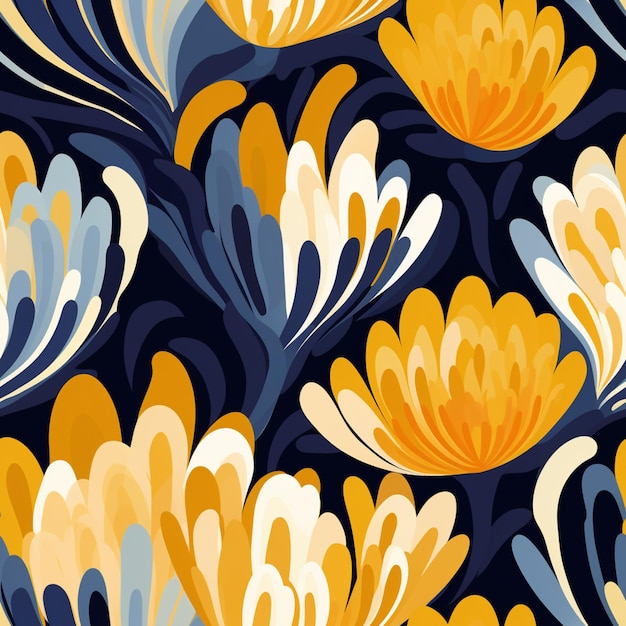 there is a pattern of yellow and blue flowers on a black background generative ai