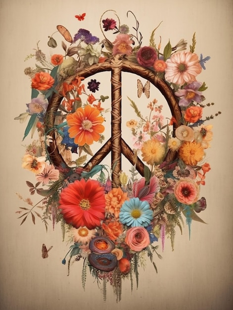 Есть знак мира, сделанный из цветов и птиц.