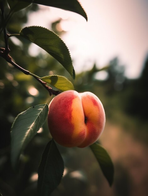 There is a peach hanging from a tree with leaves generative ai