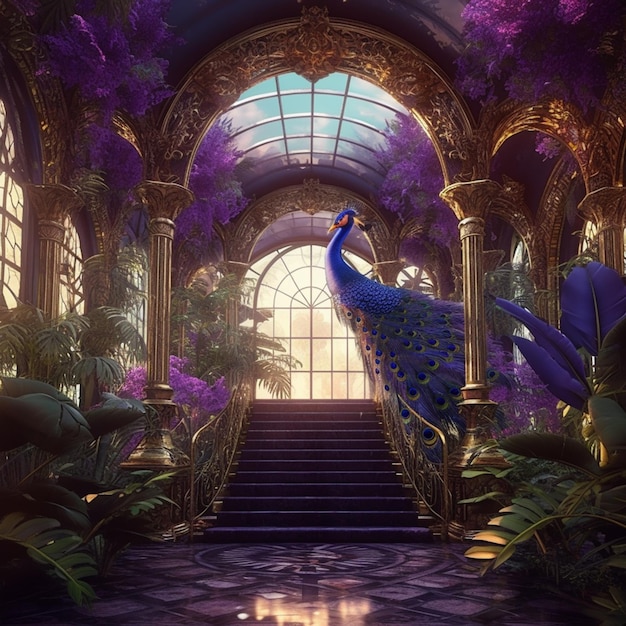 there is a peacock standing in a room with a staircase generative ai