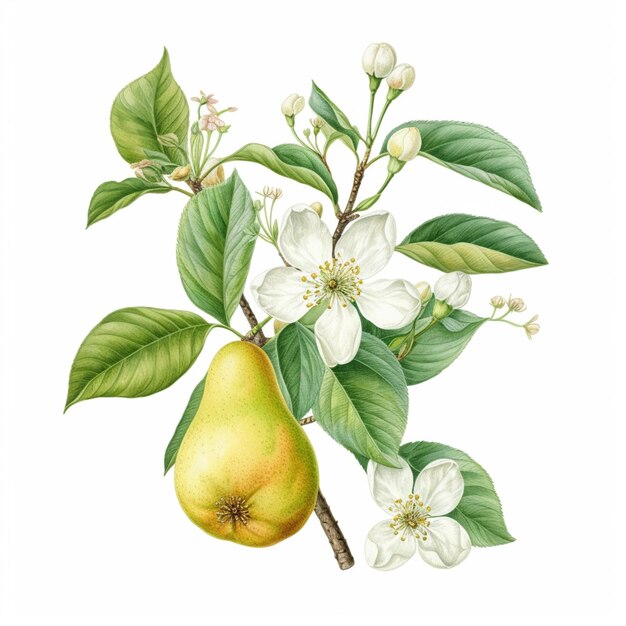 Photo there is a pear on a branch with white flowers generative ai