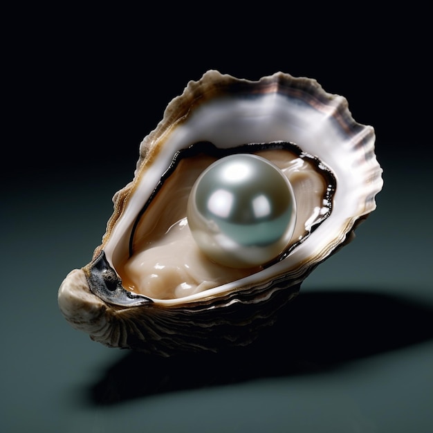 There is a pearl in a shell on a green surface generative ai