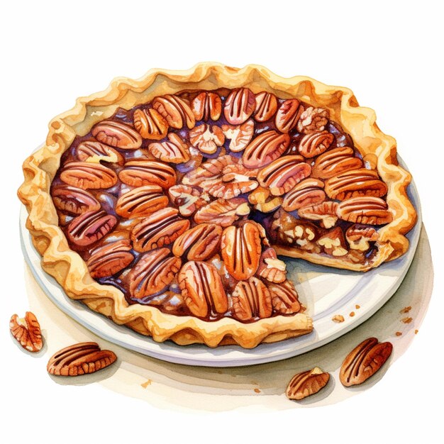 Photo there is a pecanli pie with a slice missing generative ai