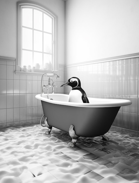 Foto c'è un pinguino seduto in una vasca da bagno in un bagno generativo ai