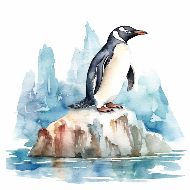 There is a penguin standing on a rock in the water generative ai