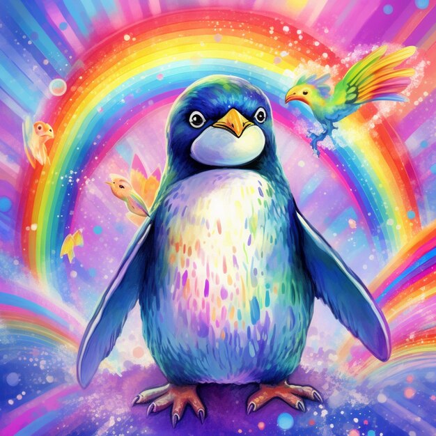 Photo there is a penguin that is standing in front of a rainbow generative ai