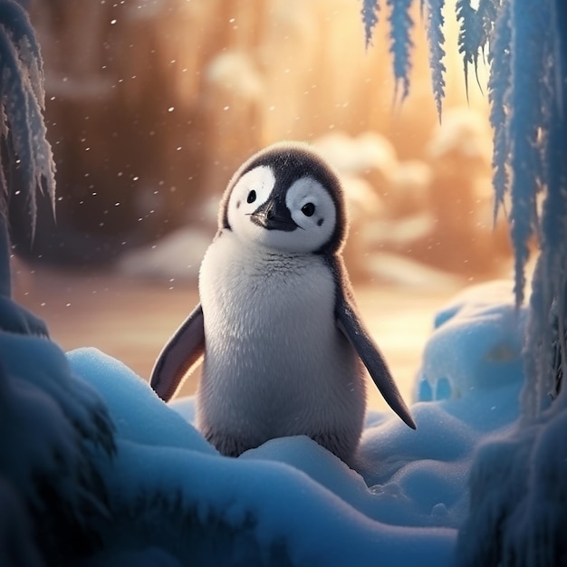 雪の中に立っているペンギンがいます