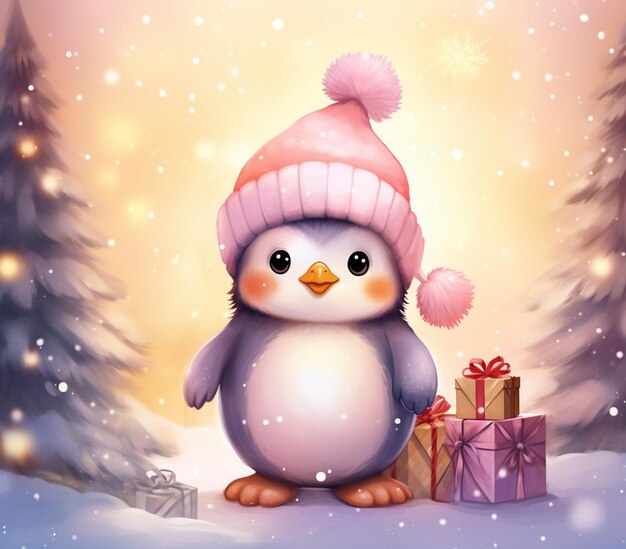 There is a penguin that is standing in the snow with a gift generative ai