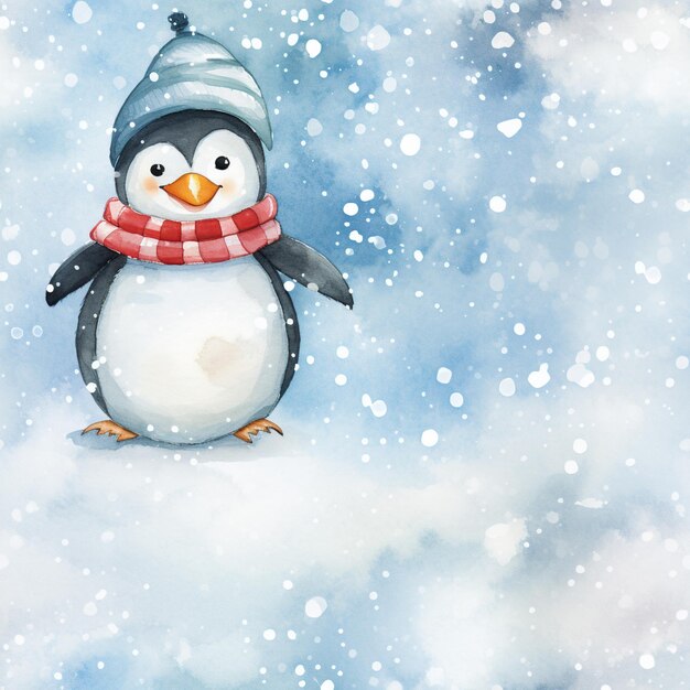 Photo there is a penguin wearing a hat and scarf standing in the snow generative ai