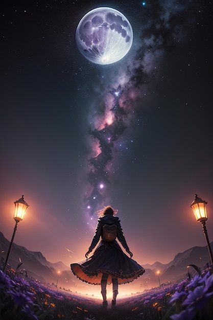 Foto c'è una persona indietro sotto le galassie cosmiche colorate nel cielo e la luna luminosa