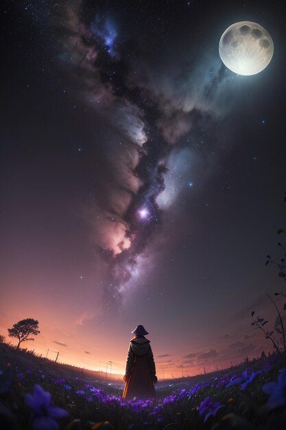 Photo there is a person back under the colorful cosmic galaxies in the sky and the glowing moon