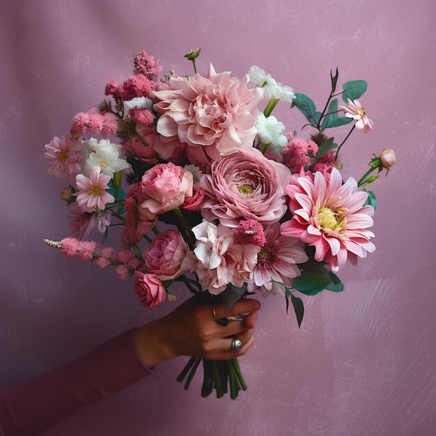 There is a person holding a bouquet of flowers against a pink wall generative ai