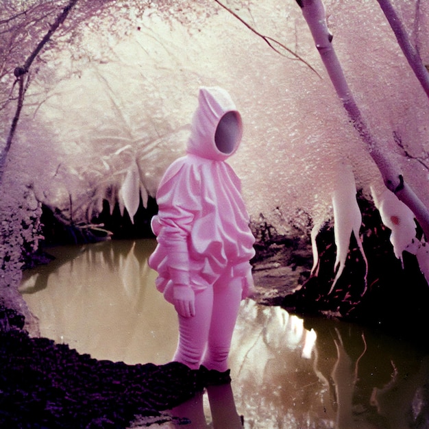 Foto c'è una persona in un abito rosa in piedi nell'acqua generativa ai
