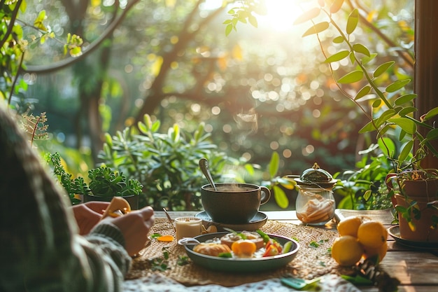 there is a person sitting at a table with a plate of food generative ai