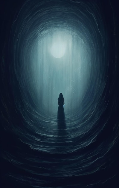 Foto c'è una persona in piedi in un tunnel buio con una luce accesa.
