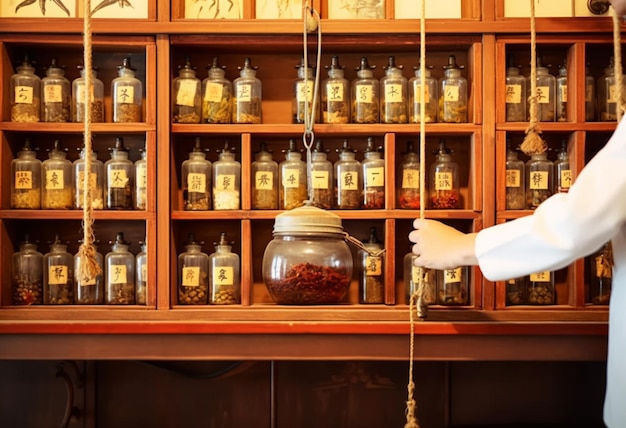 Photo there is a person standing in front of a shelf with jars generative ai