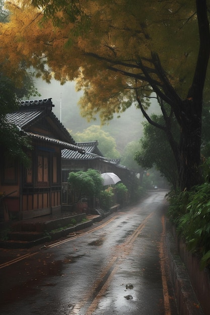 there is a person walking down a street with an umbrella generative ai