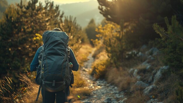 there is a person walking up a trail with a backpack generative ai