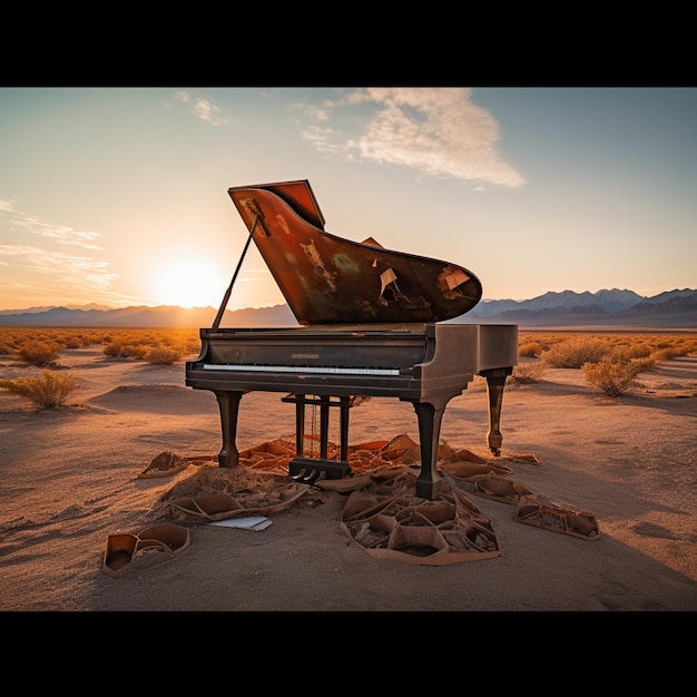 Есть фортепиано посреди пустыни с закатом солнца на заднем плане.
