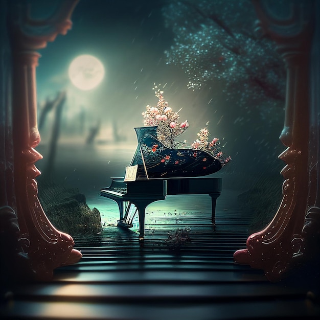 Premium AI Image | there is a piano sitting on a bench in a dark room ...