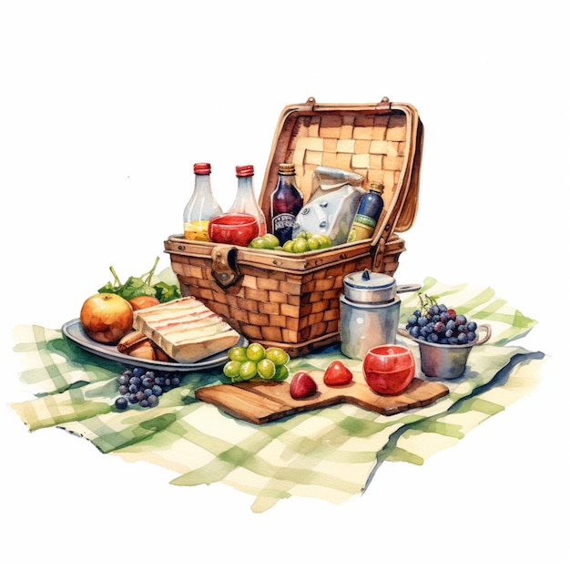 There is a picnic basket with a bottle of wine and a plate of fruit generative ai