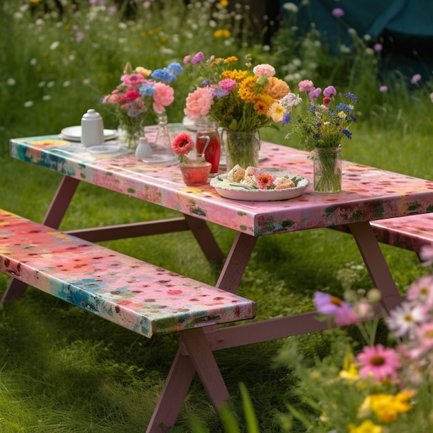 There is a picnic table with a picnic set on it in the grass generative ai