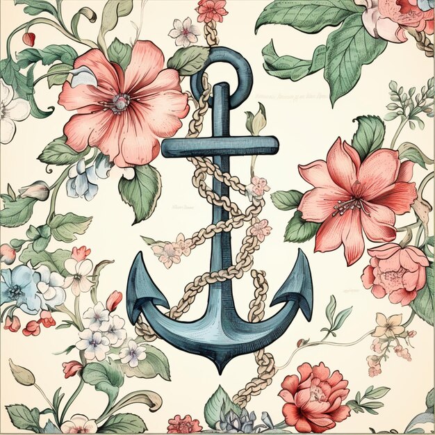 Photo there is a picture of a anchor with a chain and flowers generative ai