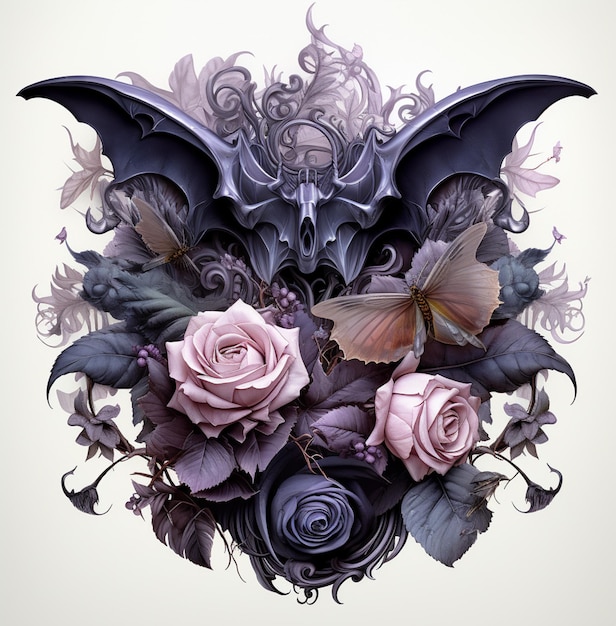 there is a picture of a bat with roses and butterflies generative ai