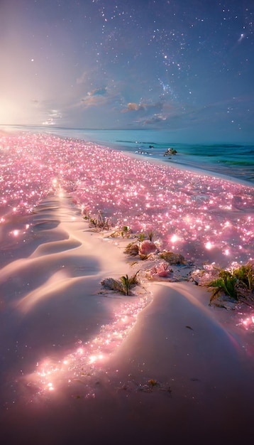 There is a picture of beach with pink flowers and boat in the water generative ai