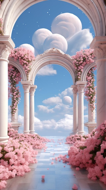 There is a picture of a beautiful archway with pink flowers generative ai