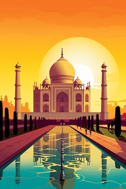 There is a picture of a beautiful taj mahal in the sunset generative ai