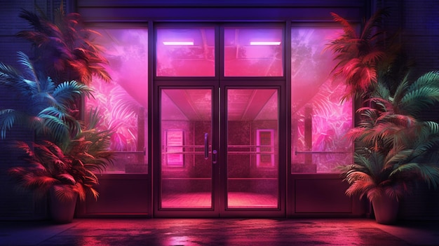 There is a picture of a building with a neon lit entrance generative ai