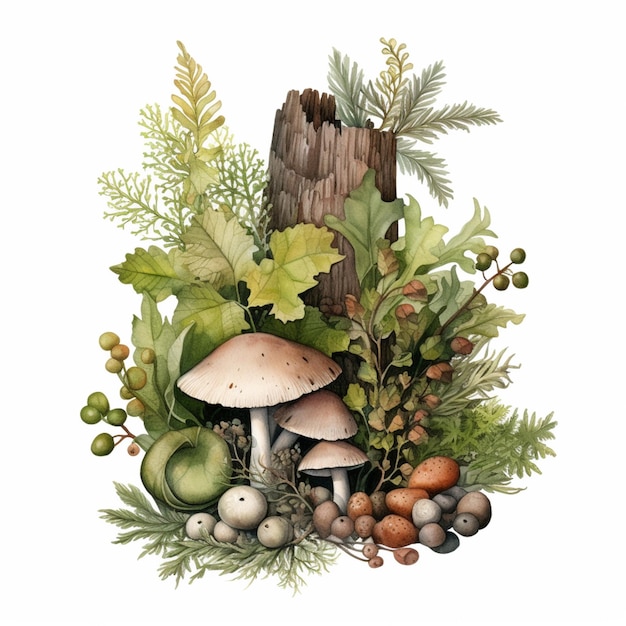 Photo there is a picture of a bunch of plants and mushrooms generative ai