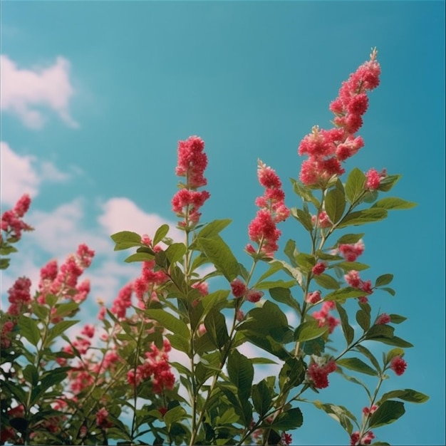 하늘 생성 AI에 분홍색 꽃이 있는 덤불 사진이 있습니다.