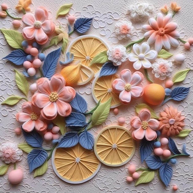 there is a picture of a cake with flowers and fruit on it generative ai