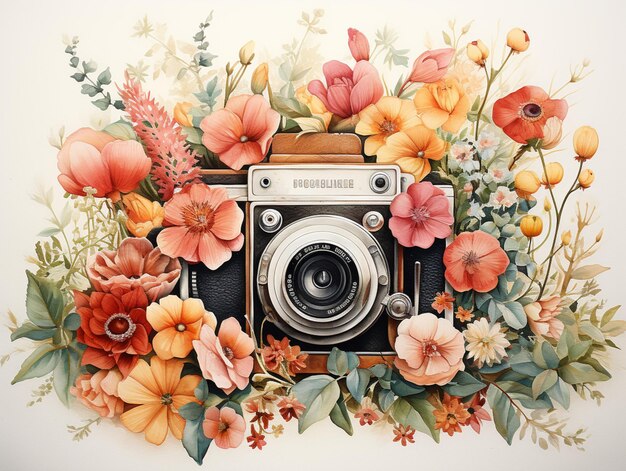 There is a picture of a camera with flowers surrounding it generative ai