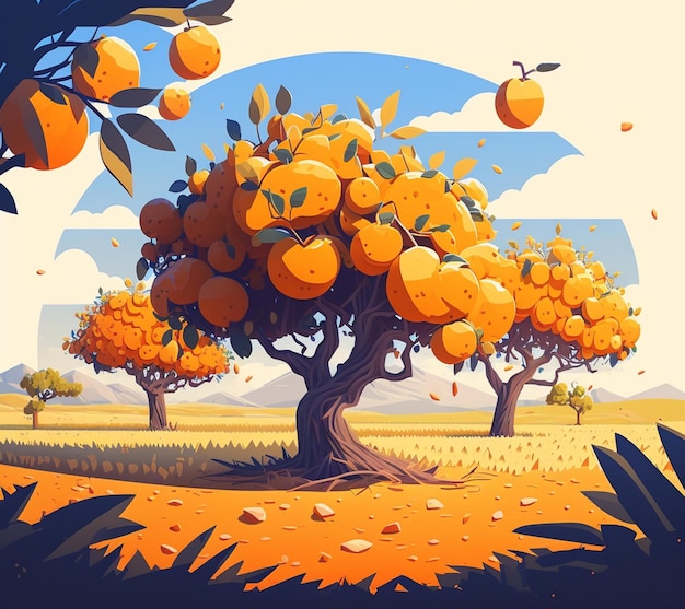 Там есть картинка в стиле мультфильма иллюстрация апельсинового дерева генеративный ai