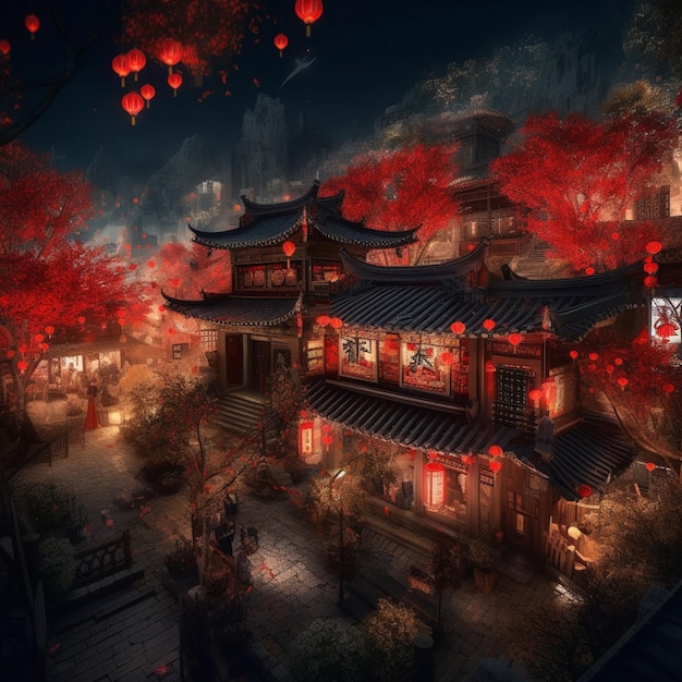 there is a picture of a chinese village with lanterns hanging from the trees generative ai