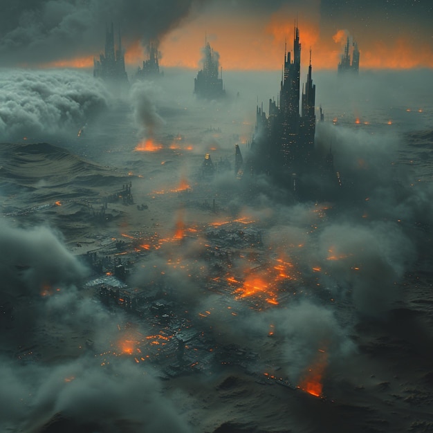 큰 화재 생성기의 한가운데에 있는 도시의 그림이 있습니다.