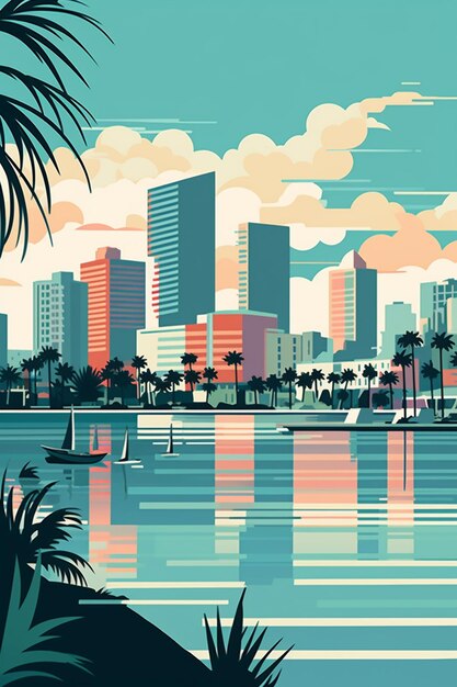 there is a picture of a city skyline with palm trees generative ai