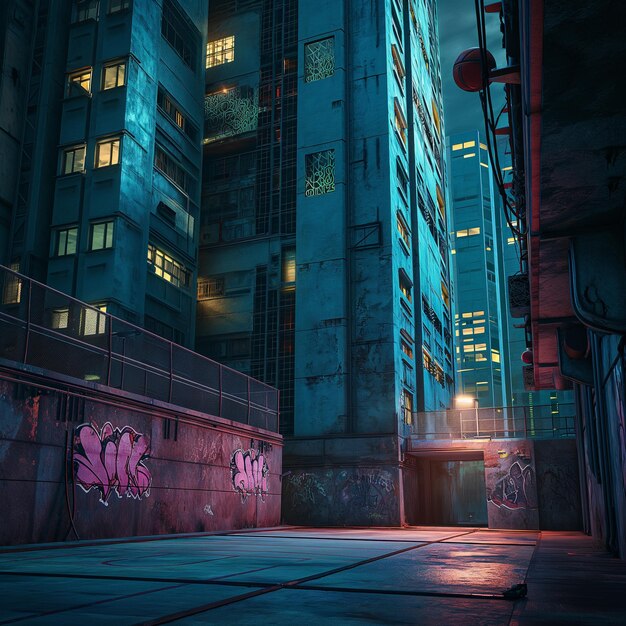 there is a picture of a city street at night with graffiti on the walls generative ai