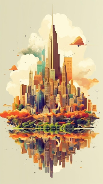 There is a picture of a city with a plane flying over it generative ai
