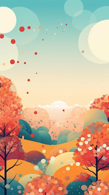 Есть картинка красочного пейзажа с деревьями и воздушными шарами генеративный ай