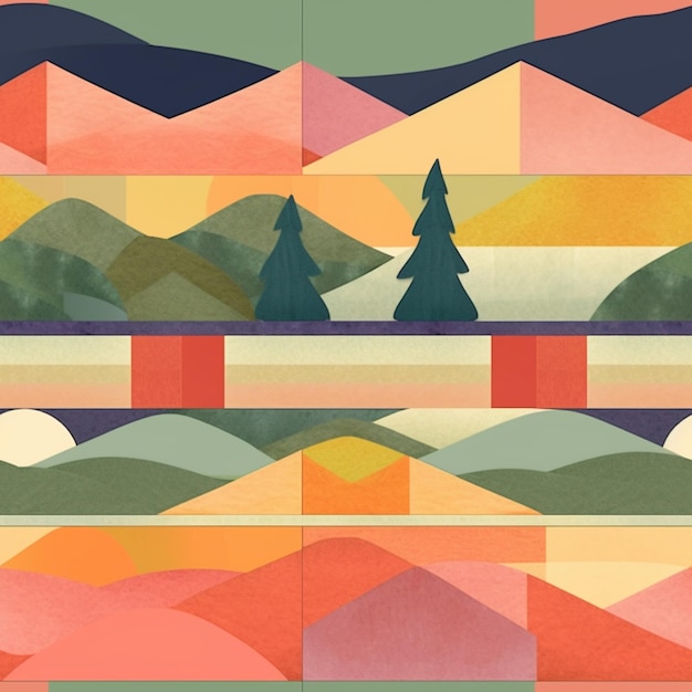 there is a picture of a colorful mountain scene with trees generative ai