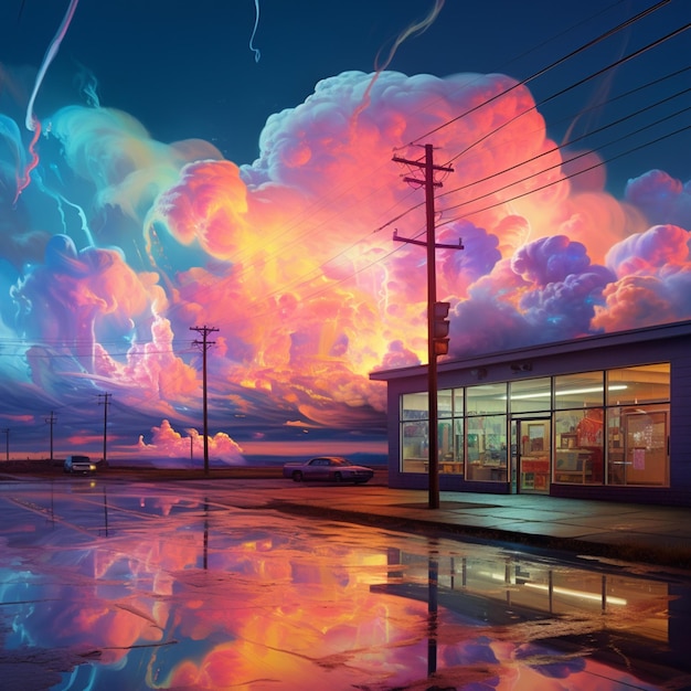 There is a picture of a colorful sky with clouds and a building generative ai