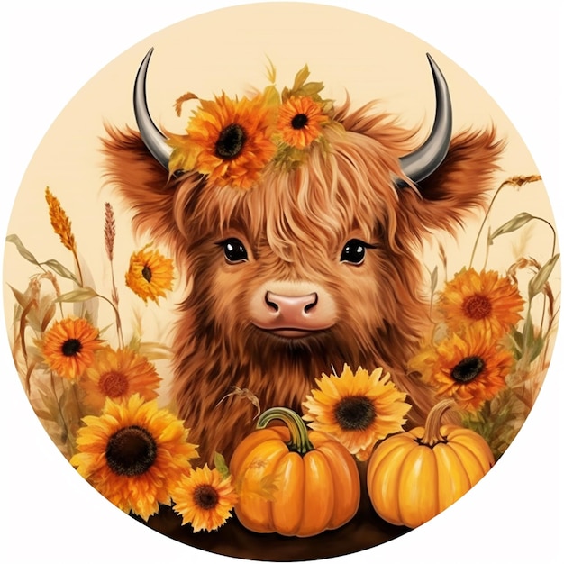 There is a picture of a cow with a wreath of flowers on its head generative ai