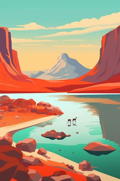 Foto c'è un'immagine di una scena desertica con un lago e montagne generative ai